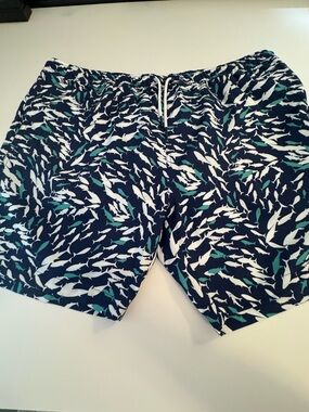 Men’s crown & ivy Navy Swim Trunks with White and Teal Shark Pattern